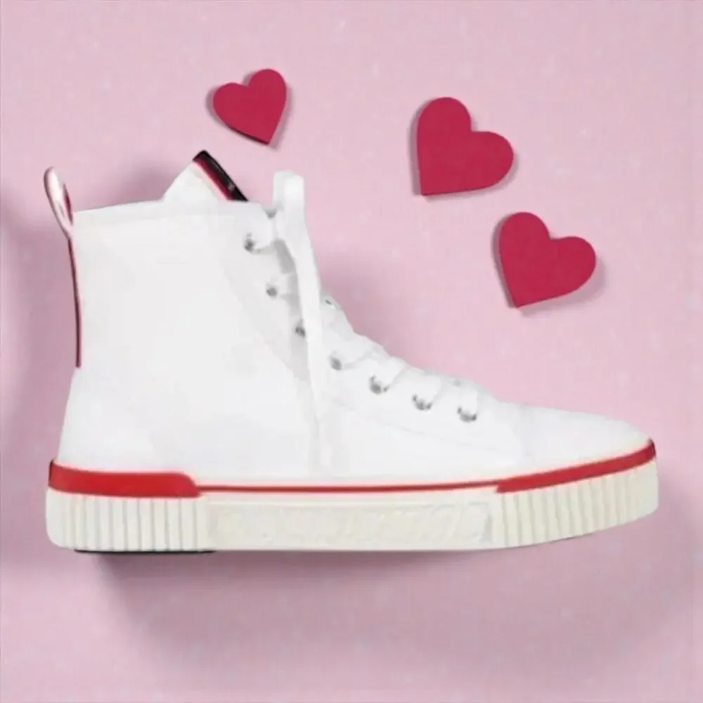 Christian Louboutin White Canvas High-Top Sneakers with Red Trim Christian Louboutin Mens Lou Spikes Orlato Flat Beige High  main image 4